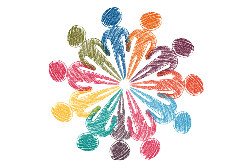 Illustration of different colour people forming a wheel shape.
